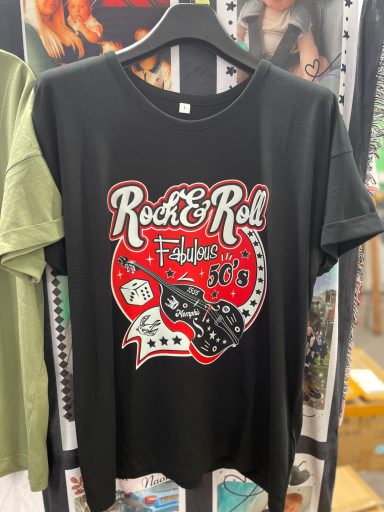 Rock and roll design in red and white printed on a black T-shirt