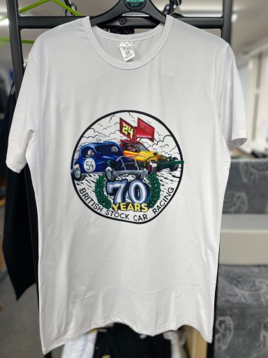 70 years celebrating British stock car racing printed on a white T-shirt